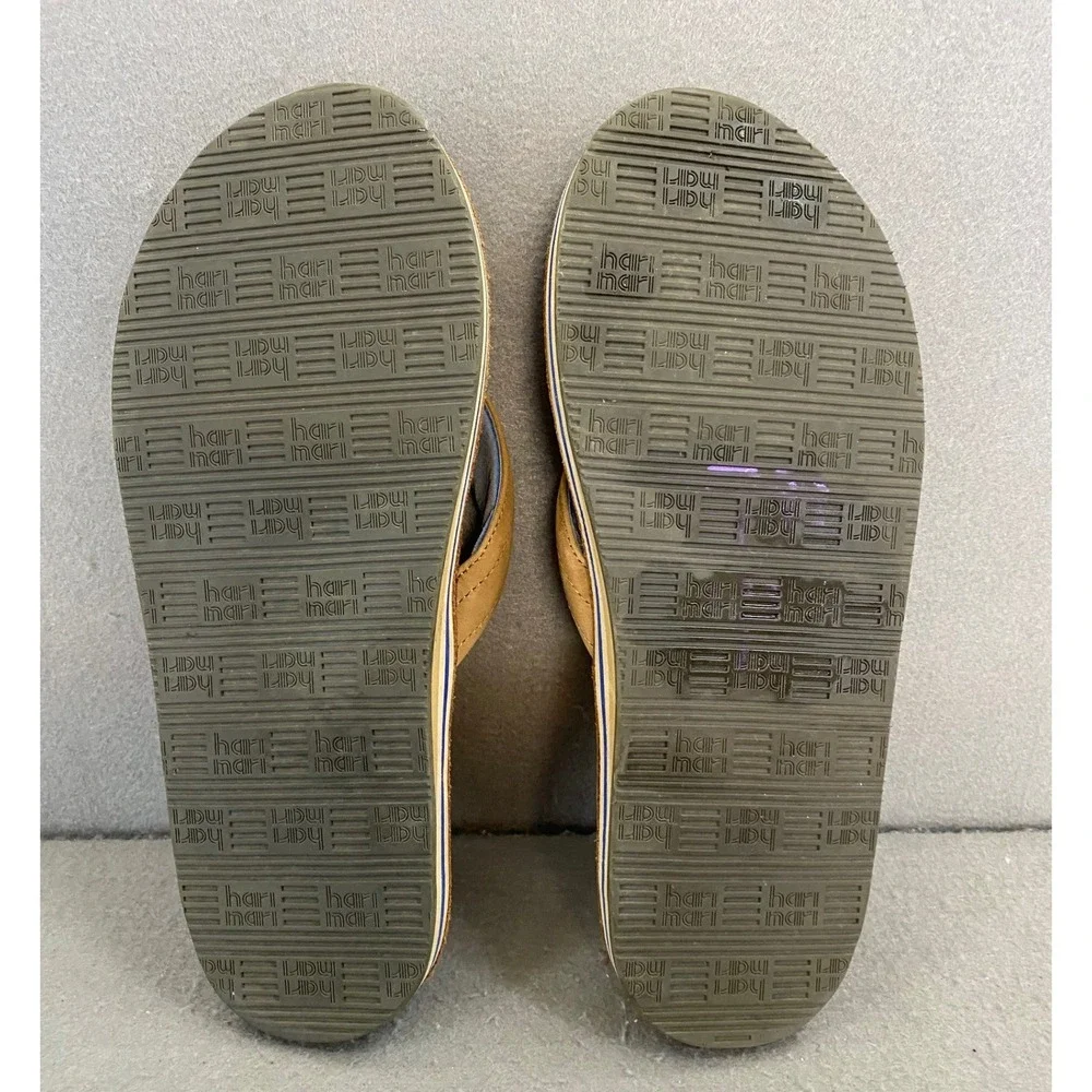 Hari Mari Fields Men 7 Tan Nubuck Leather Flip Flops Navy Blue Stripe Sandals